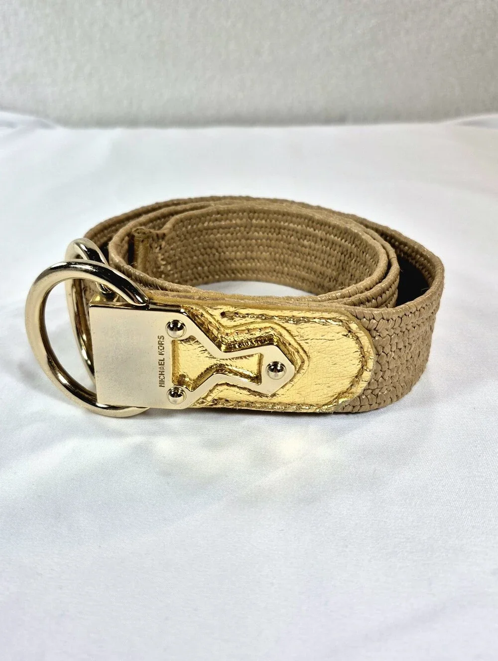 Michael Kors Palgol Jute Woven Stretch Belt Tan Gold Metallic Size S/M Vintage